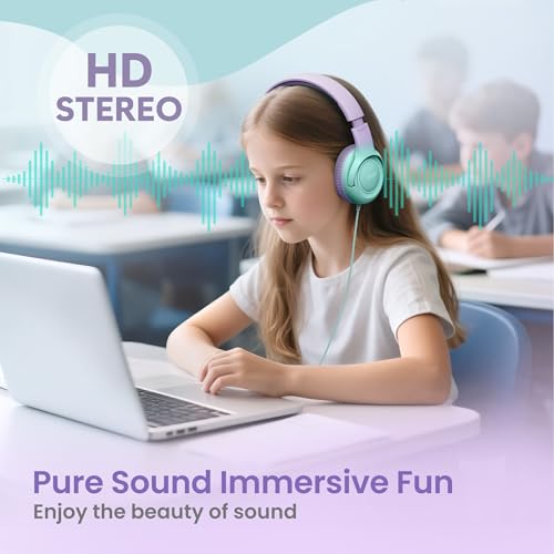 Acer Kids Headphones for School, 85-94dB Limiter, 3.5mm Jack, w/Mic HK03 | Foldable Wired Over Ear Headphones, for Toddler School/Travel/iPad/Tablet, Purple-Green Gradient - color: Green-Purple Gradient