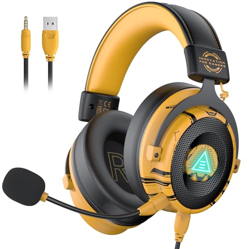EKSA USB Gaming Headset for PC - Computer Headset with Detachable Noise Cancelling Mic, 7.1 Surround Sound, 50MM Driver - Headphones with Microphone for PS4/PS5, Xbox One, Laptop, Gamer - color: Wired Yellow