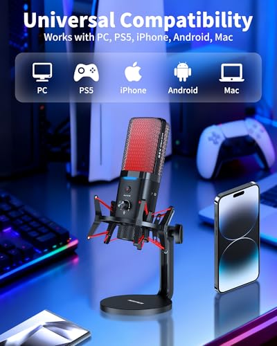 Dual Mode Wireless USB Microphone with Noise Cancellation for iPhone PC | Real-Time Monitoring, Cardioid Capture, RGB Gaming Mic for ASMR, Laptop, Computer, PS5, Streaming, Content Creation Recording