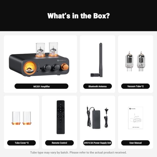 Fosi Audio MC331 Tube Integrated Amplifier with DAC, 2 Channel Home Audio Stereo Power Amp for HiFi Bookshelf Speakers/3.5mm Headphones, Vintage VU Meter Preamp with Bluetooth and USB/Opt/Coax/RCA