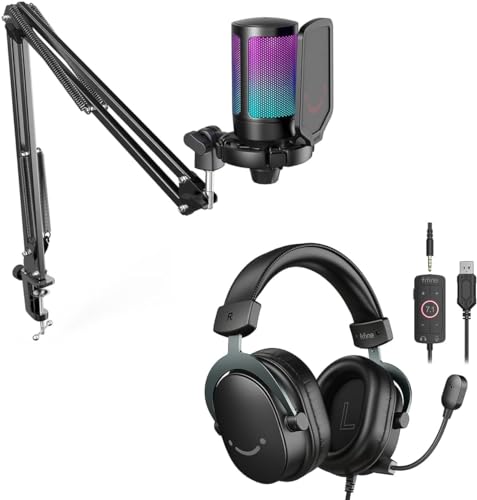 FIFINE Gaming Microphone & Headset Bundle: Computer Condenser RGB Mic with Arm Boom, PC Headset with 7.1 Surround Sound,Control Box, 3.5mm Jack for Streaming/Twitch/PS4/5 - A6T+H9