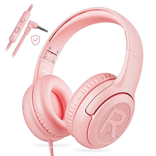 Kids Headphones with Microphone Foldable Stereo Tangle-Free 3.5mm Jack Wired Cord On-Ear Headset for Children/Teens/Boys/Girls/Smartphones/School/Kindle/Airplane Travel/Plane/Tablet (Pink) | 3.5mm Jack, HD Mic, Portable Wired Headphone with Shareport, Ste