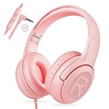 Kids Headphones with Microphone Foldable Stereo Tangle-Free 3.5mm Jack Wired Cord On-Ear Headset for Children/Teens/Boys/Girls/Smartphones/School/Kindle/Airplane Travel/Plane/Tablet (Pink) | 3.5mm Jack, HD Mic, Portable Wired Headphone with Shareport, Ste
