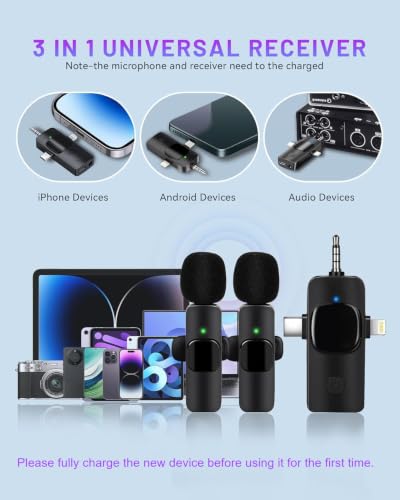 𝟮𝟬𝟮𝟰 3 in 1 Wireless Lavalier Microphones for iPhone, iPad, Android, Camera, 7-Hour Battery, Mini Microphone with Noise Reduction for Video Recording, Vlog, YouTube, TikTok