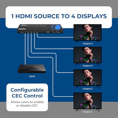 OREI 1x4 HDMI Splitter 4K 60Hz with Audio Extractor – HDMI 2.0b Splitter 1 in 4 Out with 4K to 1080p Downscaling, HDR10+, Dolby Vision, HDCP 2.3, Optical & 3.5mm Audio Out | OREI 1x4 HDMI Splitter 4K@60Hz & Audio Extractor With Downscaling, HDR10+, Dolby