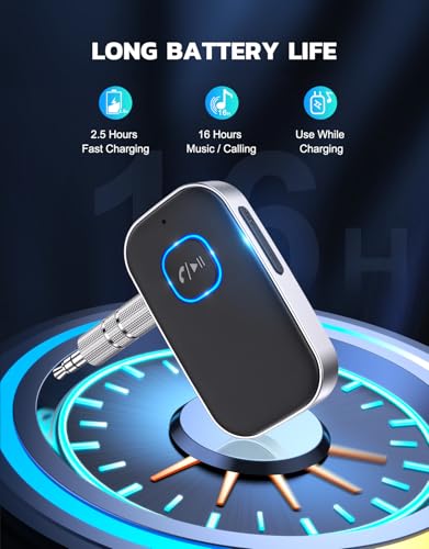 COMSOON Bluetooth Receiver for Car, 3.5mm AUX Bluetooth Car Adapter | Noise Cancelling, Wireless Audio Receiver for Home Stereo/Wired Headphones, Hands-Free Call, 16H Battery Life, Black+Silver - color: Black+Silver