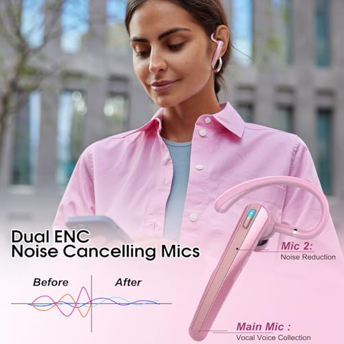 Bluetooth Headset V5.3, Wireless Headset with ENC Noise Canceling Mic | 120Hrs Talk Single-Ear Bluetooth Earpiece, LED Display, IP7 Waterproof Hand-Free Earphone for Business/Trucker, Pink - color: Pink