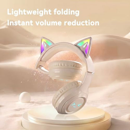 Cat-Ear Wireless Headphones Bluetooth 5.3 Over the Ear Headphones with RGB Light Built-in Mic Foldable Fashionable Stereo Headset Support TF Card for Gaming Travel PC Phone iPad（Cream White） - color: Cream White