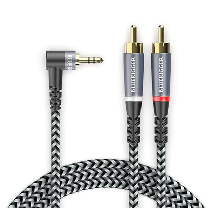 BlueRigger 3.5mm Aux to 2RCA Audio Cable (15FT, 90D Stereo Splitter Y 2RCA Male, Braided, 1/8" RightAngled TRS to RCA, Hi-Fi Sound, Metal Shell) - for Phones, Amplifiers, Tablets, Home Theater, HDTV - size: 15FT, style: 3.5mm Angled