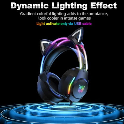 Gaming Headset with Microphone, Cat Ear Headphones for PC Laptop PS4 PS5 Xbox Switch, Rainbow RGB Lighting & Virtual Surround Sound, 3.5mm Wired Over Ear Headphones, Ergonomic - color: Black Cat Ear