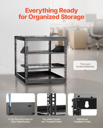 VEVOR 10U Server Rack, Open Frame Network Rack,4-Post Floor Standing or Wall Mounted, Includes 2PCS Vented 1U Rack Shelves & Mounting Hardware, Computer Wall Rack for 19" IT/AV Equipment - size: 10U Server Rack