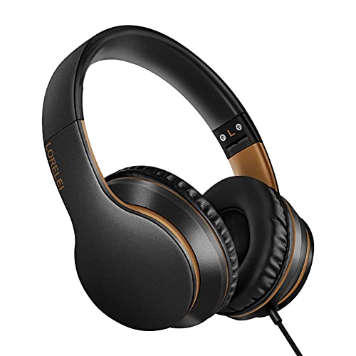 LORELEI X6 Over-Ear Headphones With Microphone, Lightweight Foldable & Portable Stereo Bass With 1.45M No-Tangle Wired for Smartphone Tablet MP3/4 (Black-Gold) - color: Black-Gold