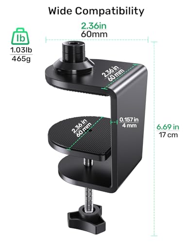 Heavy Duty Metal Table Microphone Clamp with 5/8-20Thread, Desk Mount, Adjustable Boom Arm Clamp, Perfect for Studio, Live Streaming, and Teaching, podcasting, Streaming, Church, Podium use, Black