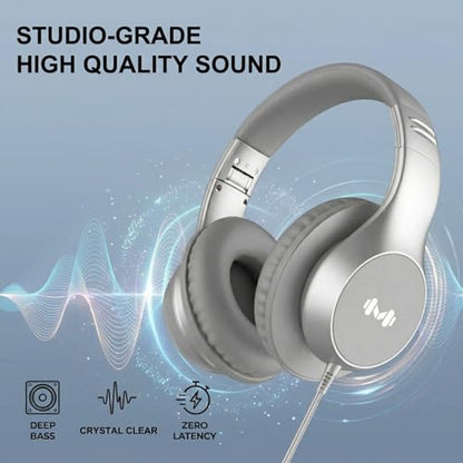 Wired Over-Ear Headphones, Mic, 3.5mm Jack, USB-C Adapter, Silver | Foldable over-ear headphones with soft cushions, inline mic, 3.5mm jack, and USB-C adapter for school, office, and travel. - color: Silver