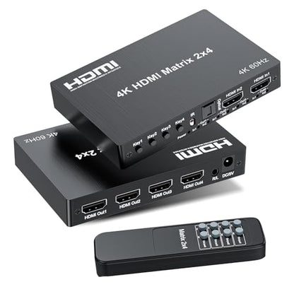 4K 2x4 HDMI Matrix Switch, 2 in 4 Out Matrix HDMI 2.0 Video Switcher Splitter, Optical & 3.5mm Audio Output, Support 4K 60Hz HDR HDCP2.2, 18Gbps, with IR Remote Control for NS PS5 Fire Stick etc - size: 4K 2X4 Matrix with EDID