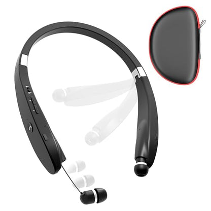 Bluetooth Neckband Headphones, Dpvisn Foldable Wireless Lightweight Neck Headset with Retractable Earbuds, Noise Cancelling Sweatproof Stereo Earphones with Mic & Carrying Case (Black) - color: Black