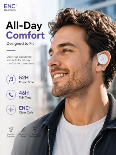 On Ear Headphones Bluetooth 5.4, Noise Cancelling Open Ear Headphones Wireless, Water-Drop Shaped Clip On Sport Headset Bluetooth with 4 Microphone, Comfort Fit Earphones with Long Battery Life - color: white-silver-white