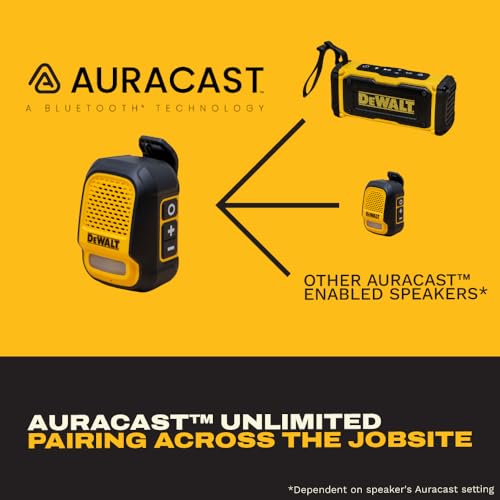 DEWALT Heavy Duty Wearable Bluetooth Speaker Pro Max (New Model) Jobsite Clip-On Mini Speaker w/LED Work Light, IP56 Water Resistant, 12H Runtime, Built-in Mic & Multi-Speaker Link - color: New