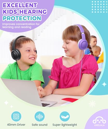 UKELALA C3 Kids Headphones Wired, On-Ear Wired Head Phones for Boys Girls with 3.5mm Jack, Foldable, Adjustable Headband, Child Headphone for School Home Airplane Tablet Purple - color: Purple