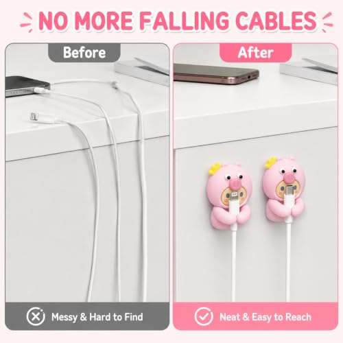 Adorable Pink Piggy with Crown Cable Organizer (2-Pack), Cute Cartoon Cable Clips, Self-Adhesive Wire Holder for Desk, Nightstand, Home & Office Cable Management - color: pink-1