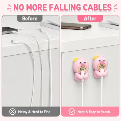 Adorable Pink Piggy with Crown Cable Organizer (2-Pack), Cute Cartoon Cable Clips, Self-Adhesive Wire Holder for Desk, Nightstand, Home & Office Cable Management - color: pink-1