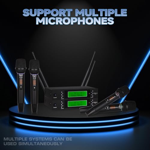 Rechargeable Dual Wireless Microphones System, Professional UHF 2X100 Channel Metal Wireless Microphone for Singing, Dj, Church, Karaoke, Handheld Vocal Dynamic Cordless Mic Long Range 300Ft