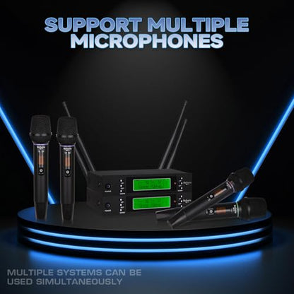 Rechargeable Dual Wireless Microphones System, Professional UHF 2X100 Channel Metal Wireless Microphone for Singing, Dj, Church, Karaoke, Handheld Vocal Dynamic Cordless Mic Long Range 300Ft
