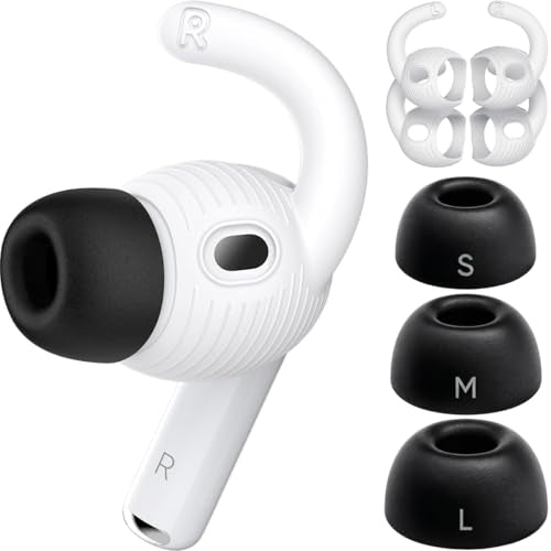 Memory Foam Ear Tips & Ear Hooks for AirPods Pro 3 (2025),Anti-Slip Sport Ear Tips Accessories Compatible with Apple AirPods Pro 3rd Generation (S/M/L Black Buds, 2 Pairs White Hooks)