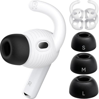 Memory Foam Ear Tips & Ear Hooks for AirPods Pro 3 (2025),Anti-Slip Sport Ear Tips Accessories Compatible with Apple AirPods Pro 3rd Generation (S/M/L Black Buds, 2 Pairs White Hooks)