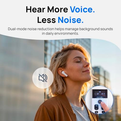 OKB Hearing GV-SA0360 OTC In-Ear Hearing Aid, True-Wireless with Pocket Controller Ear-Extension for TV & Meetings, Dual-Mode Noise Reduction, Charging Case, Bluetooth 5.2, Adults 18+ (Polar White)