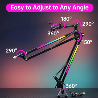 Heavy Duty Mic Boom Arm RGB Steel Scissor Desk Stand for Podcast Gaming | Supports 3.3lb. Thickened alloy steel. Phone holder.12 Light modes.Tool-free. For streaming podcast gaming singing recording