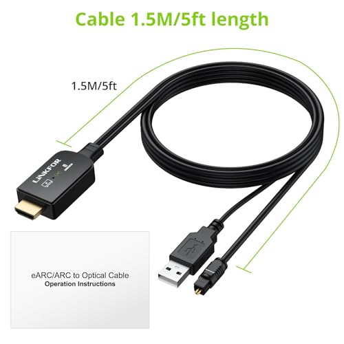 LiNKFOR eARC/ARC to Optical Audio Extractor Cable (1.5M/5ft), All-in-One HDMI ARC to TOSLINK Adapter, Supports 192KHz/24bit, DTS 5.1, Dolby Digital, Plug and Play for TV to Soundbar, Home Theater