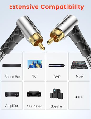 VANAUX Subwoofer Cable Double 90 Degree RCA to RCA Audio Stereo Cable Male to Male 24K Gold Plated Connector Nylon Braided Double Shielded Clean Sounding Signal Silver/10ft/3m - color: Double 90°Design RCA, size: Silver-10FT/3M