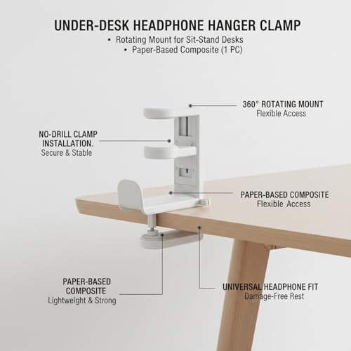 Under Desk Headphone Hanger Clamp, Rotating Mount for Sit-Stand Desks, No-Drill Installation, Paper-Based Composite (1 PC) - color: White