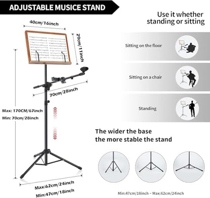 3-in-1 Sheet Music Stand with Phone and Microphone Holder, Brown Wooden , Folding Desktop Book Stand Liftted Metal Support Adjustable Design