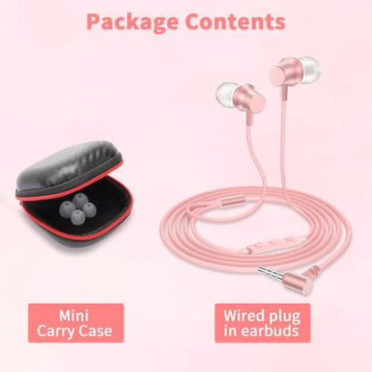 3.5mm Wired Headphones for Laptop School Kids Earbuds with Case Mic - color: Pink