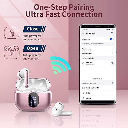 Wireless Earbuds Bluetooth 5.3 Headphones Bass Stereo Ear Buds with Noise Cancelling Mic LED Display in Ear Earphones IP7 Waterproof 36H Playtime for Laptop Pad Phones Sports Workout Pink Gold | Ear Buds with Noise Cancelling Mic LED Display, 36H, IP7 Wat