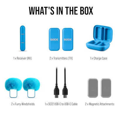 RØDE Wireless Micro - Compact Wireless Microphone, Two Mics with Charge Case for Smartphone Content Creation - USB-C, Blue | Two Mics with Charge Case for Smartphone Content Creation, USB-C, Blue - color: USB-C Blue