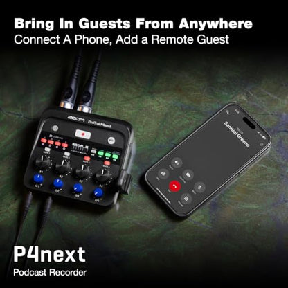 Zoom PodTrak P4next Podcast Recorder with 4 Inputs + AI Noise Reduction | 4 Mic Inputs, 4 Headphone Outputs, Sound Pads, Phone Input, USB Audio Interface, Battery Powered for Podcasting