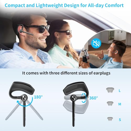 Bluetooth Headset Wireless Earpiece Single Ear Headset with Microphone | 180H Playtime 1000mAh Charging Case Wireless Charging LED Display Handsfree for iPhone Android PC Computer Trucker Drivers - color: Black