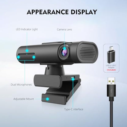TOALLIN 2K Streaming Webcam, AI Auto Tracking, Gesture Control, Dual Mic