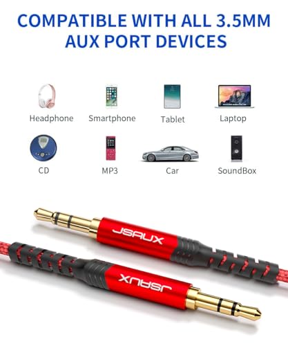 JSAUX 2 Pack AUX Cable 6FT 1.8M Copper Shell Hi-Fi 3.5mm TRS Aux, Cord-Red | 2 Pack AUX Cable, 6FT 1.8M Copper Shell, Hi-Fi Sound, 3.5mm TRS Nylon Braided Cord, for Car Home Stereos Speaker Headphones. - size: 6ft