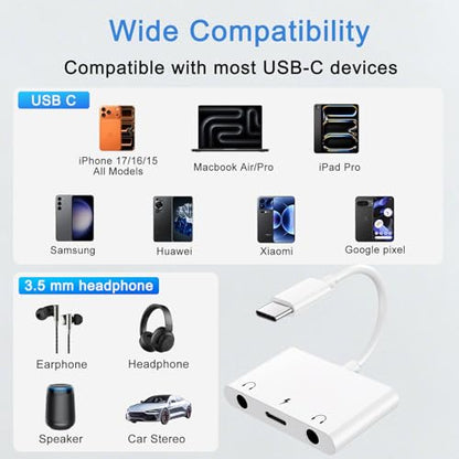 Kemsky USB C Double Headphone Splitter with PD 60W Fast Charging