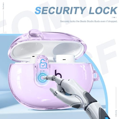 for Beats Studio Buds/Studio Buds Plus Case Cover with Lock, Clear Purple | Protective Cover for New Beats Studio Buds + Wireless Earbuds Case with Keychain & Cleaner Kit (2021/2023) - color: Clear Purple+P