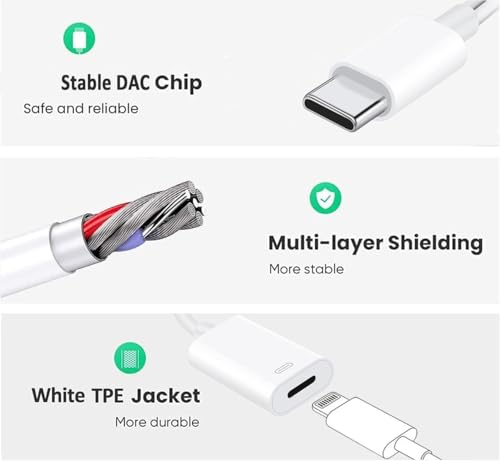USB C to Lightning Headphone Audio Adapter for iPhone 17 16 15 Plus Pro Max with Charge Data,Type C Male to Female Lightning Earphone Converter Dongle for iPad Pro Air Mini MacBook