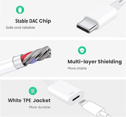 USB C to Lightning Headphone Audio Adapter for iPhone 17 16 15 Plus Pro Max with Charge Data,Type C Male to Female Lightning Earphone Converter Dongle for iPad Pro Air Mini MacBook
