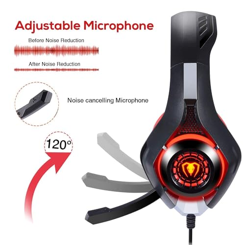 BlueFire Stereo Gaming Headset with Microphone for PS5 PS4 Xbox One Switch PC Mac – Wired Over-Ear Headphones with Surround Sound, Soft Memory Foam, Noise Canceling Mic, Light, 3.5mm Jack (Red) - color: Red