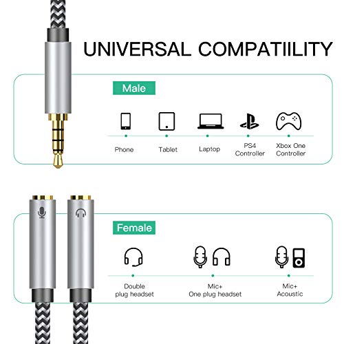 3.5mm Male to Dual 3.5mm Female Headset Splitter with Separate Microphone and Headphone for PC, PS4, Gaming