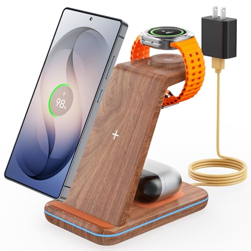 3 in 1 Wireless Charger for Samsung: JoyGeek Charging Station for S26/S25/S24/S23/S22/S21/S20/Note20/Z Fold&Flip, Galaxy Watch8/7/6/5/4/3/Active2/1, Buds 3 Pro - color: Woodgrain