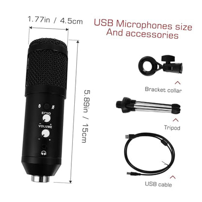 Cardioid USB Condenser Microphone with Tripod Stand and USB Cable Plug and Play Streaming Mic for Pc Laptop Adjustable Volume for Recording Broadcasting Video Conference